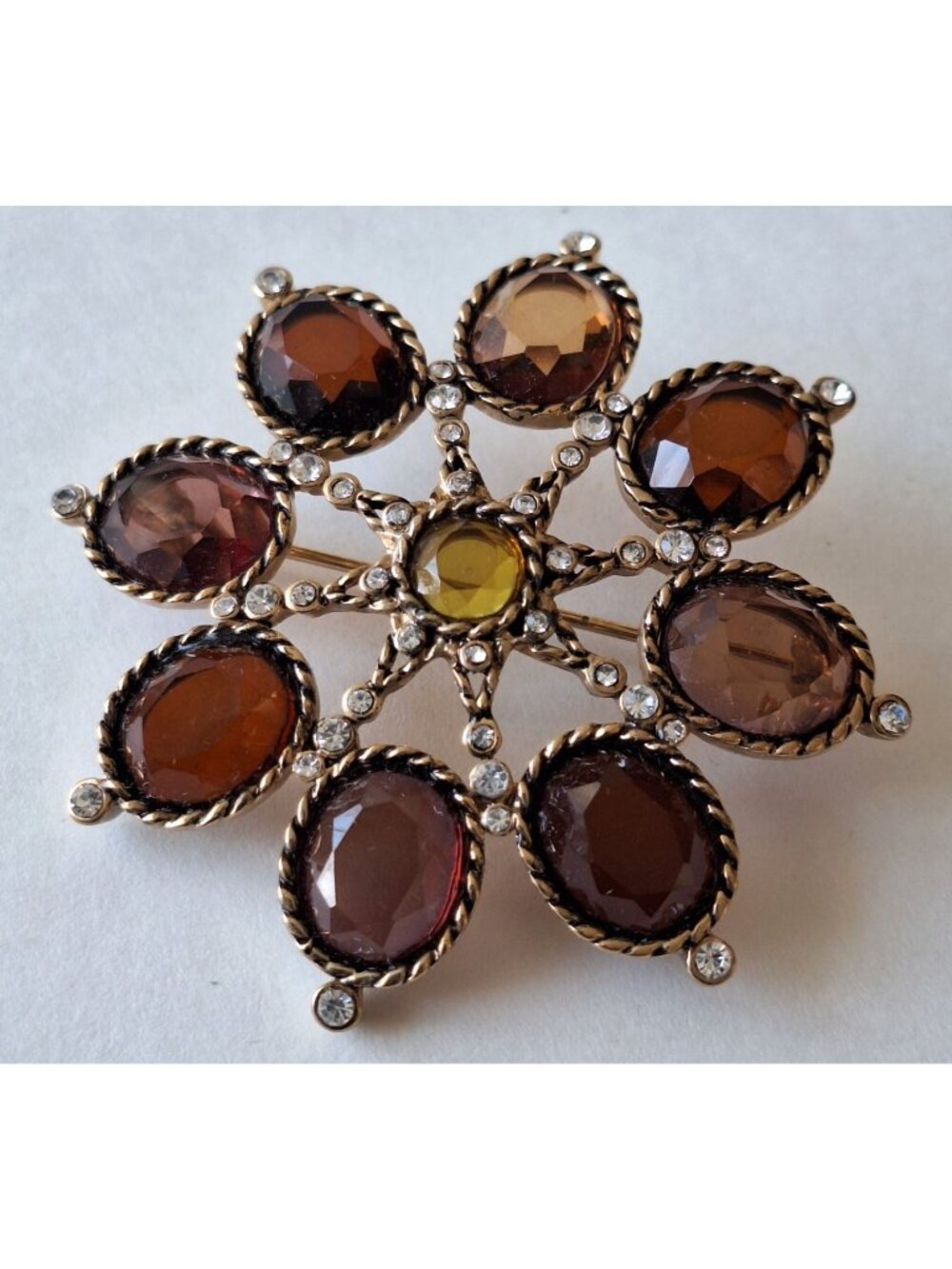 Vintage Signed Monet Amber Crystal Flower Starburst Brooch in Box
